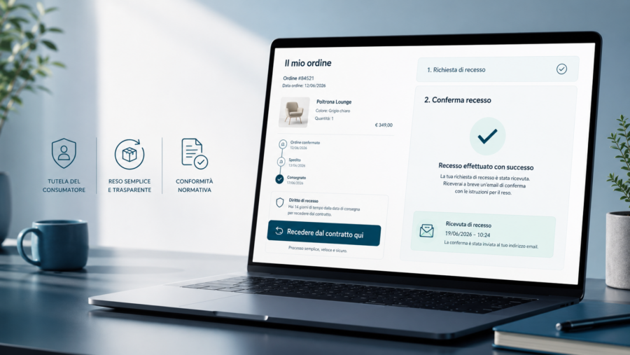 Schermata e-commerce con pulsante per esercitare il diritto di recesso online dal 19 giugno 2026